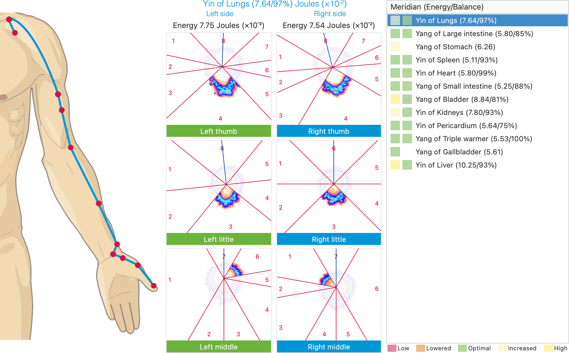 Bio-Well meridian energy and balance chart showing Yin and Yang organ systems with bilateral GDV fingertip measurements